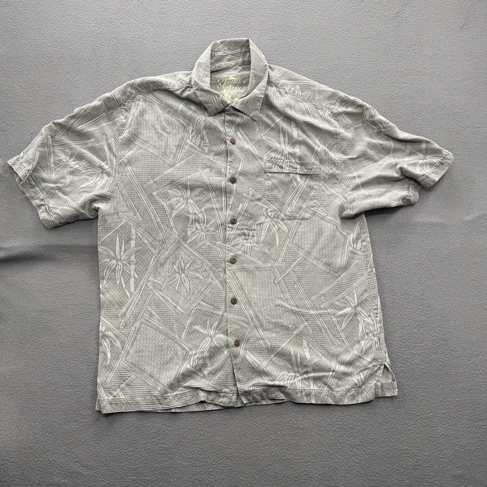 Jamaica Jaxx Shirt Mens Large Gray Silk Hawaiian Bamboo Short Sleeve Button Up